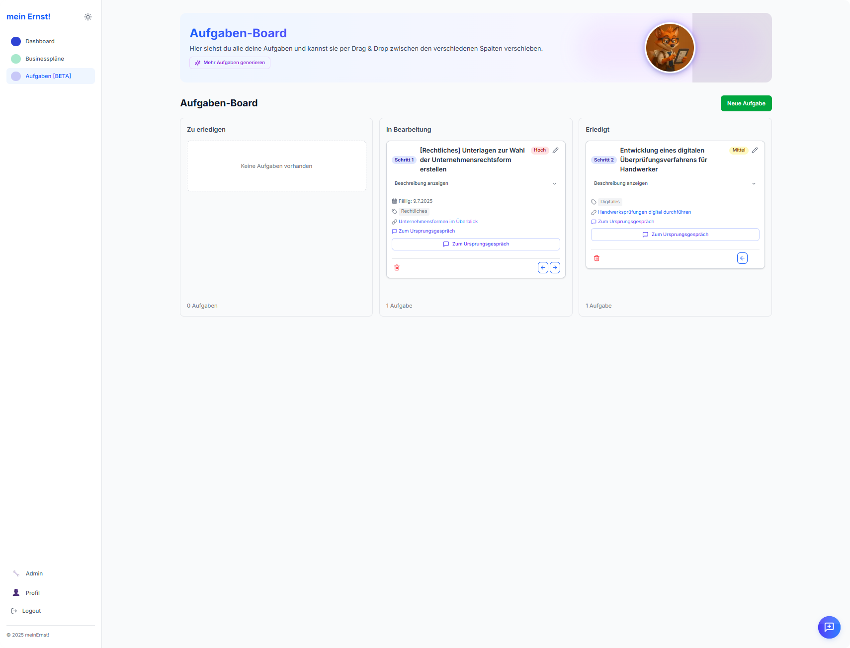 Screenshot des Aufgaben-Tools