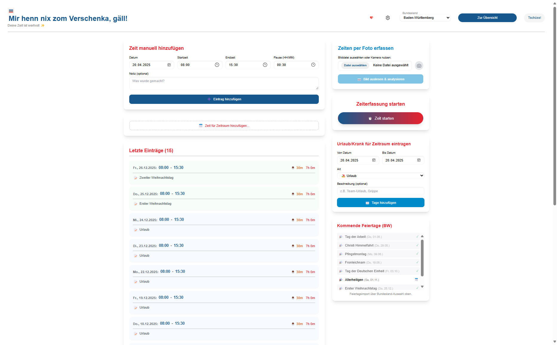 Screenshot des Timetracking Dashboards
